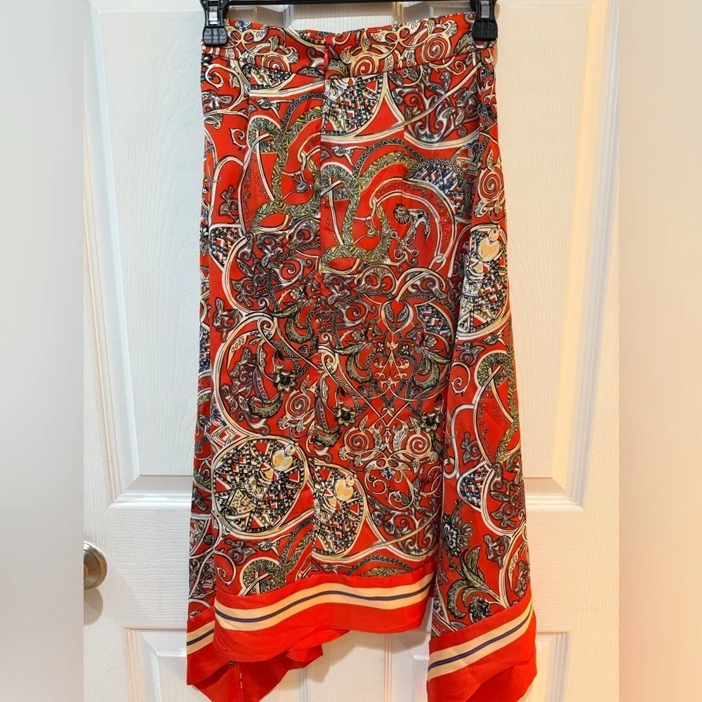H&M Vibrant Orange Patterned Scarf Skirt Chain Pleat asymmetrical